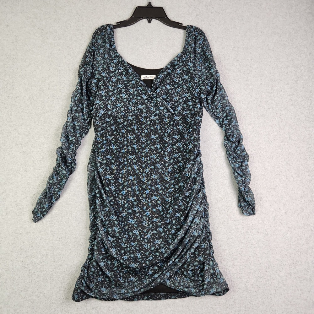 Hollister Bodycon Dress Womens Medium Blue Black Floral Mesh Ruched Long Sleeve